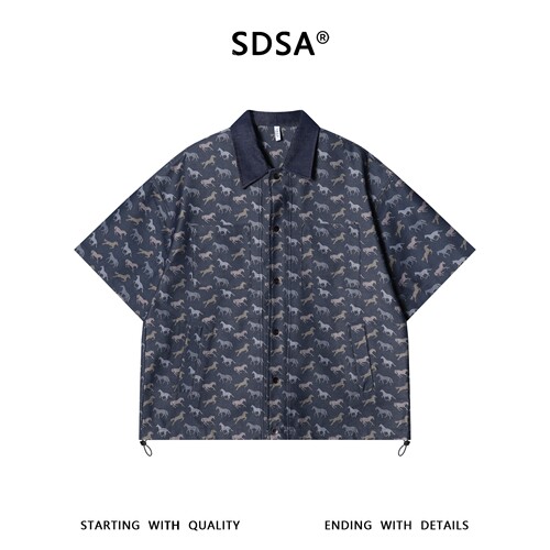 SDSA男装2026新款高贵轻奢简约撞色满印小马纽扣短袖衬衫百搭时尚