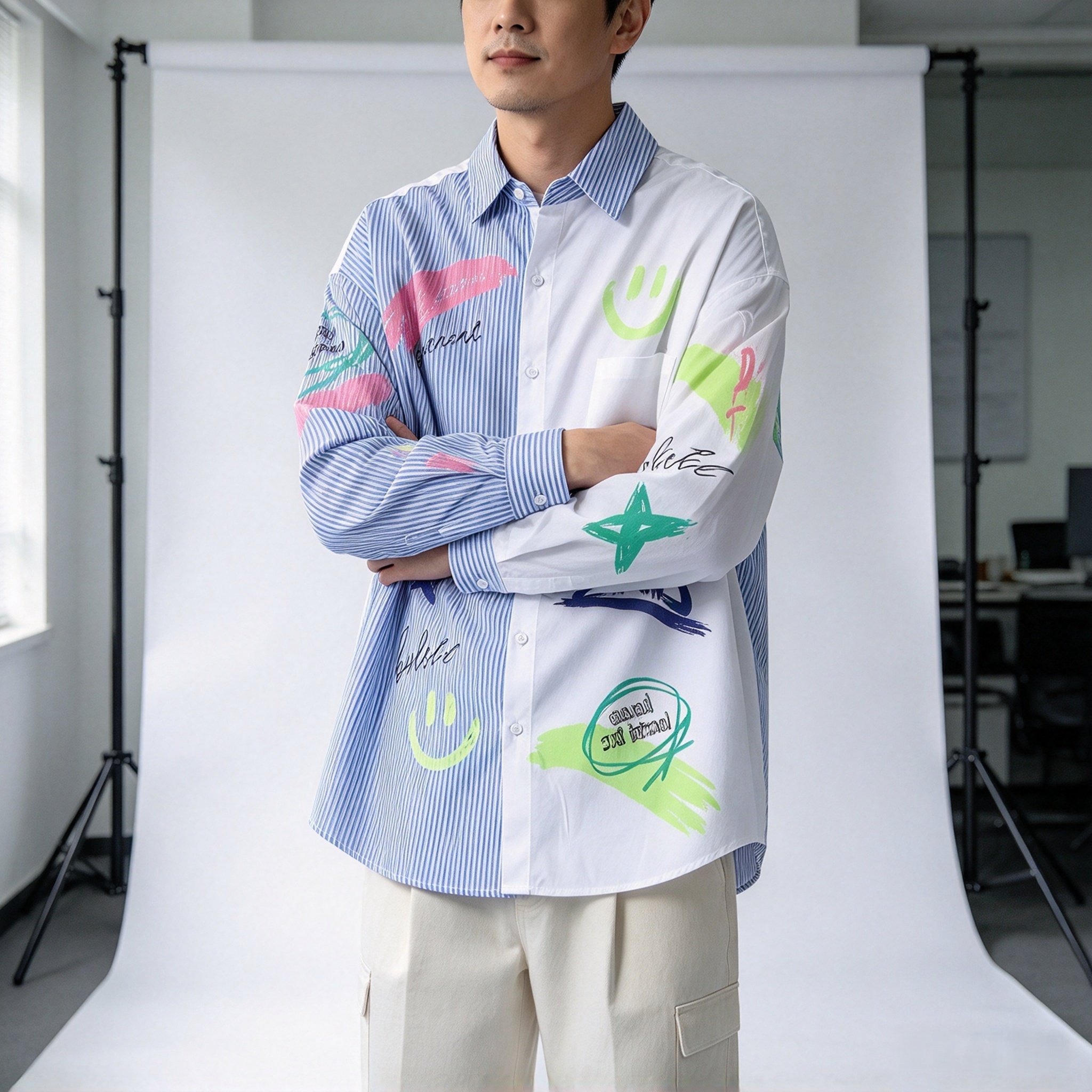 2026秋冬男装新款高贵轻奢美式拼接涂鸦印花社会长袖衬衫百搭休闲
