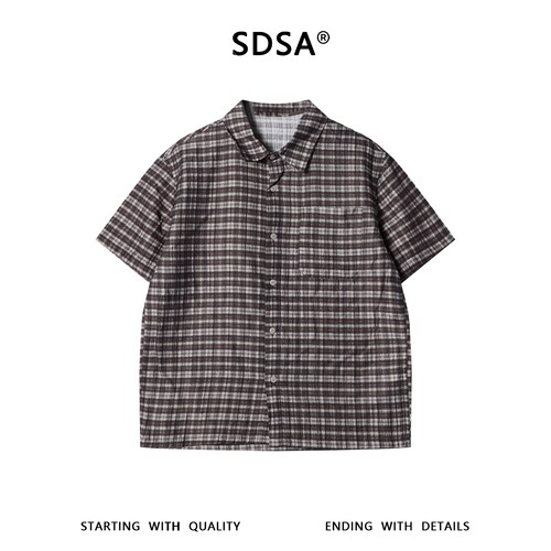 SDSA男装2026新款高贵轻奢美式复古撞色格子短袖衬衫百搭宽松上衣
