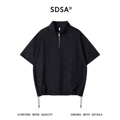 SDSA男装2026新款提花格纹半拉链立领短袖T恤下摆抽绳设计百搭