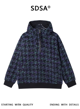 SDSA秋冬新款痞帅男装时尚绒毛撞色半拉链立领连帽卫衣百搭宽松潮