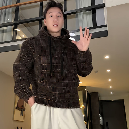 SDSA男士秋冬新款痞帅男装复古彩色格纹绒毛连帽卫衣设计感百搭潮