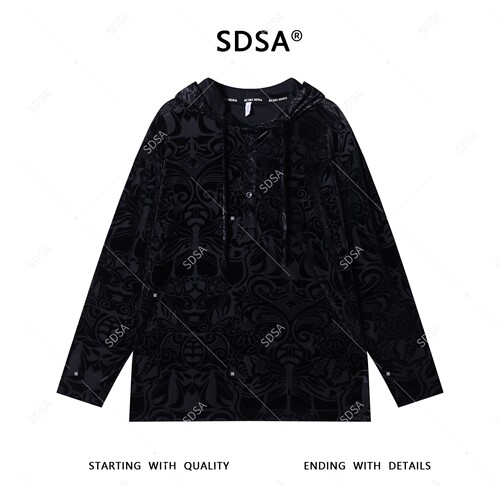 SDSA男士长袖t恤新款轻奢痞帅男装植绒图案设计连帽上衣WY1018