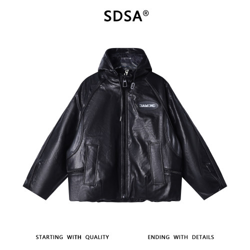 SDSA男士秋冬新款痞帅男装潮牌设计感皮衣连帽羽绒服字母百搭外套