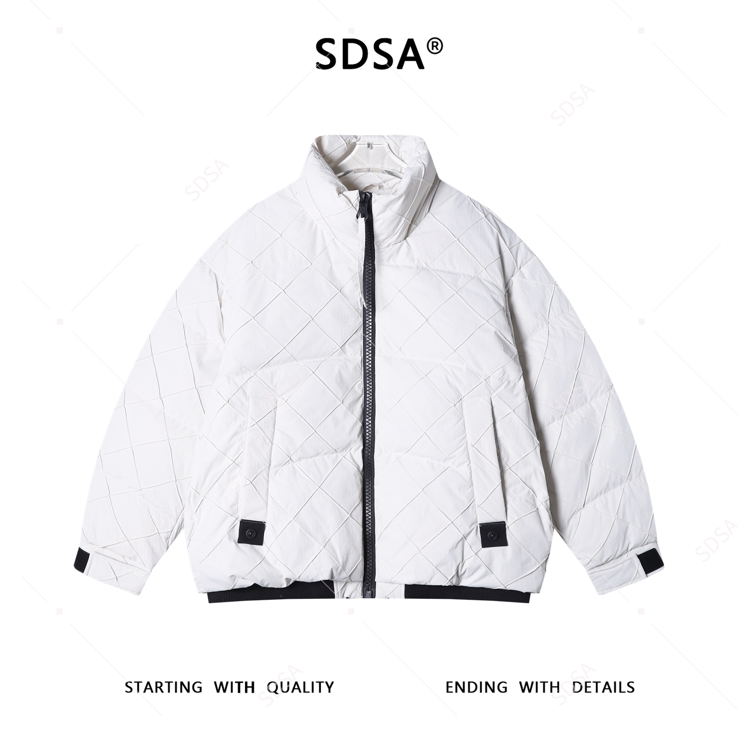 SDSA男士秋冬新款痞帅男装简约褶皱菱形格拉链立领羽绒服外套宽松