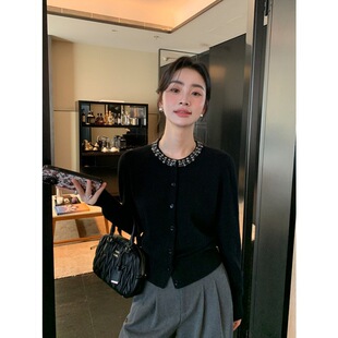 春款羊毛混纺钉钻圆领开衫女通勤风薄款针织衫气质外女装保暖长袖