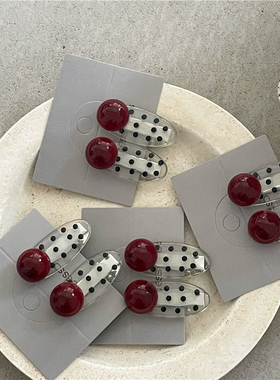 甜美少女 红色仿珍珠发夹对夹 可爱黑色波点椭圆鸭嘴夹刘海夹新