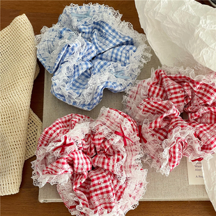 淑女蕾丝边发绳马尾束发皮筋新款 学院风 少女彩色格子大肠圈发圈