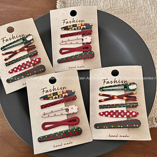 5个装 格纹波点红绿星星发夹鸭嘴夹碎发刘海夹蝴蝶结发卡 圣诞新款