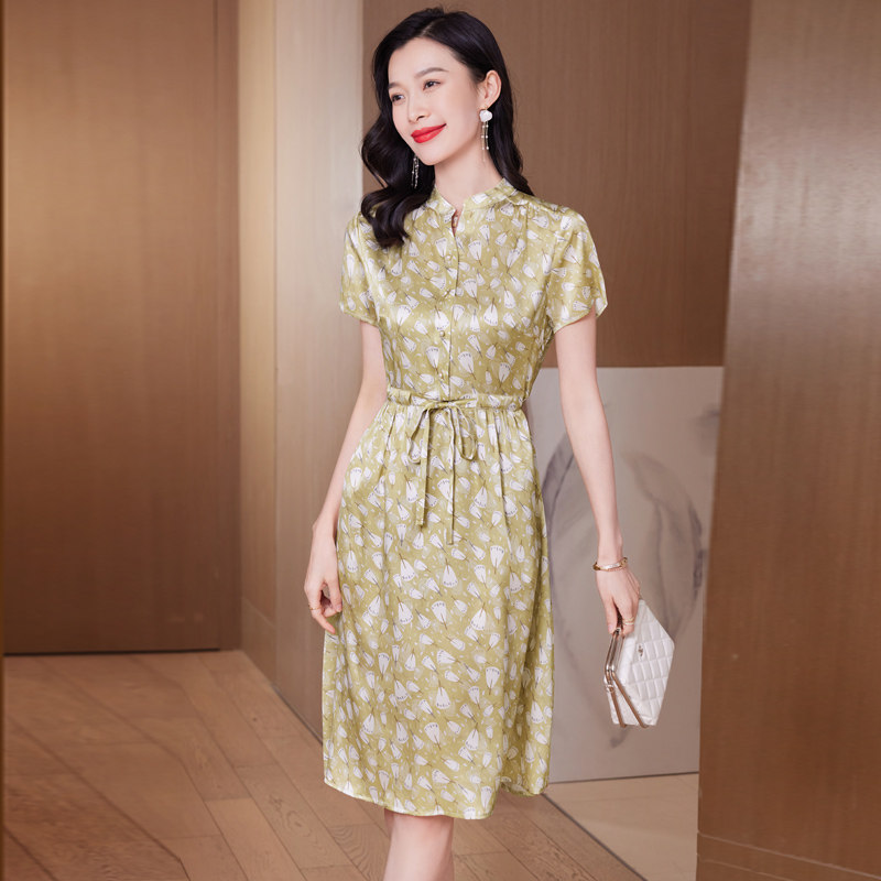 杭州真丝连衣裙女夏季新款2025年职业气质文艺印花收腰显瘦桑蚕丝