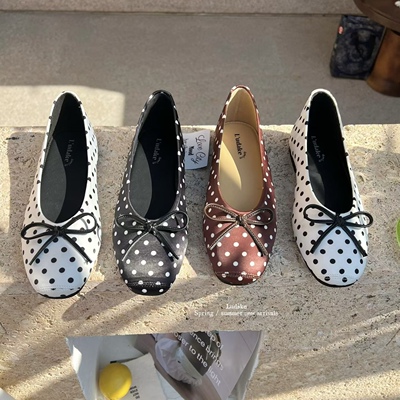 LUDAKE鹿大可韩版复古波点蝴蝶结平底芭蕾舞单鞋气质圆头奶奶鞋女