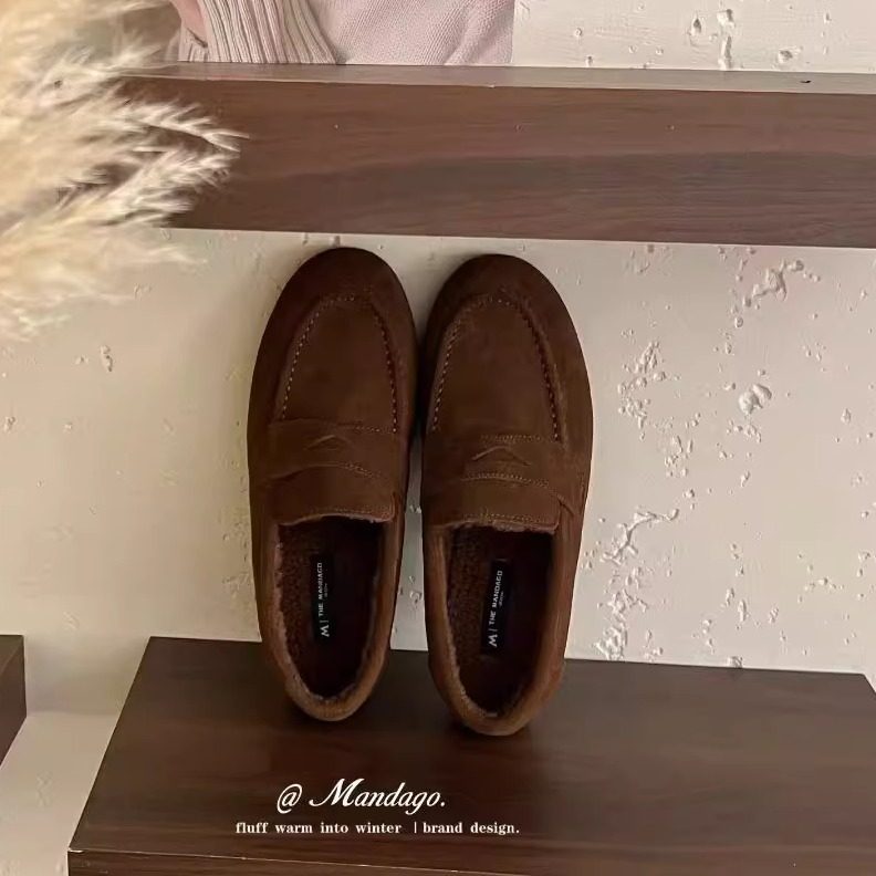 THEMANDAGO芒大果老钱风复古真皮加绒保暖乐福鞋羊羔毛平底小皮鞋,女鞋,浅口单鞋,淘宝优惠券,粉丝福利购,淘宝优惠卷