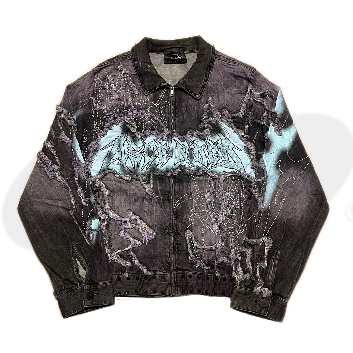 USA街头品牌smoke rise亚文化水洗牛仔外套 铆钉火焰贴布刺绣外套