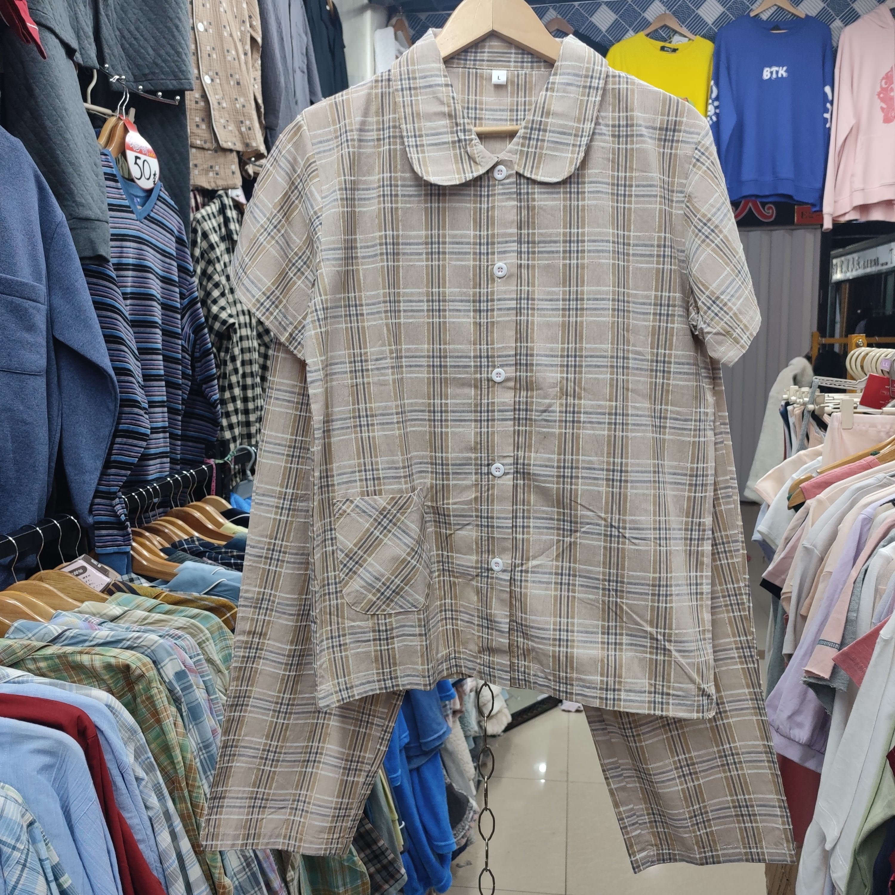 多色入日单格外贸薄款色织提花全棉布男女短袖长裤睡衣家居服套装