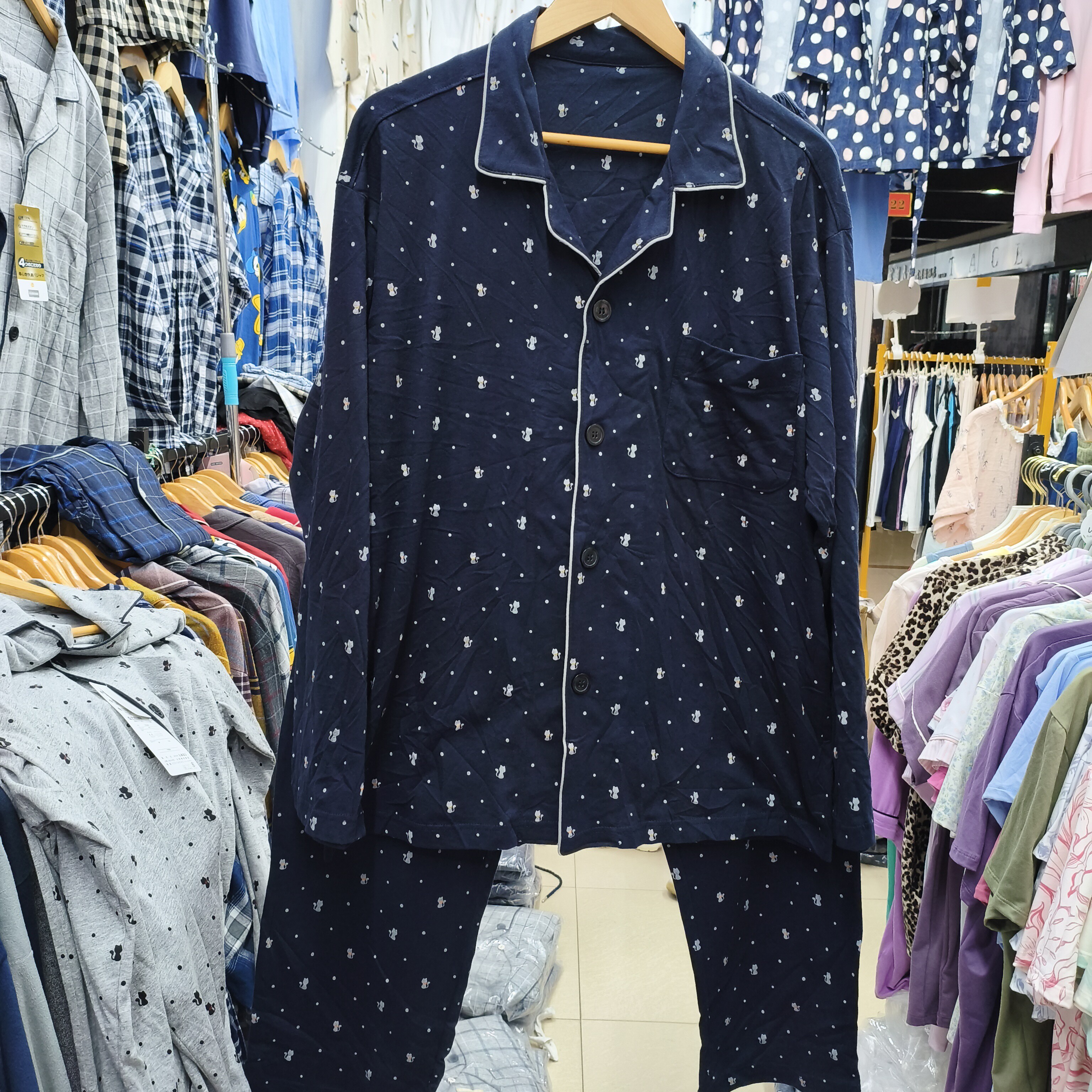 新品日单外贸春秋针织全棉开襟小翻领猫咪男士长袖睡衣家居服套装