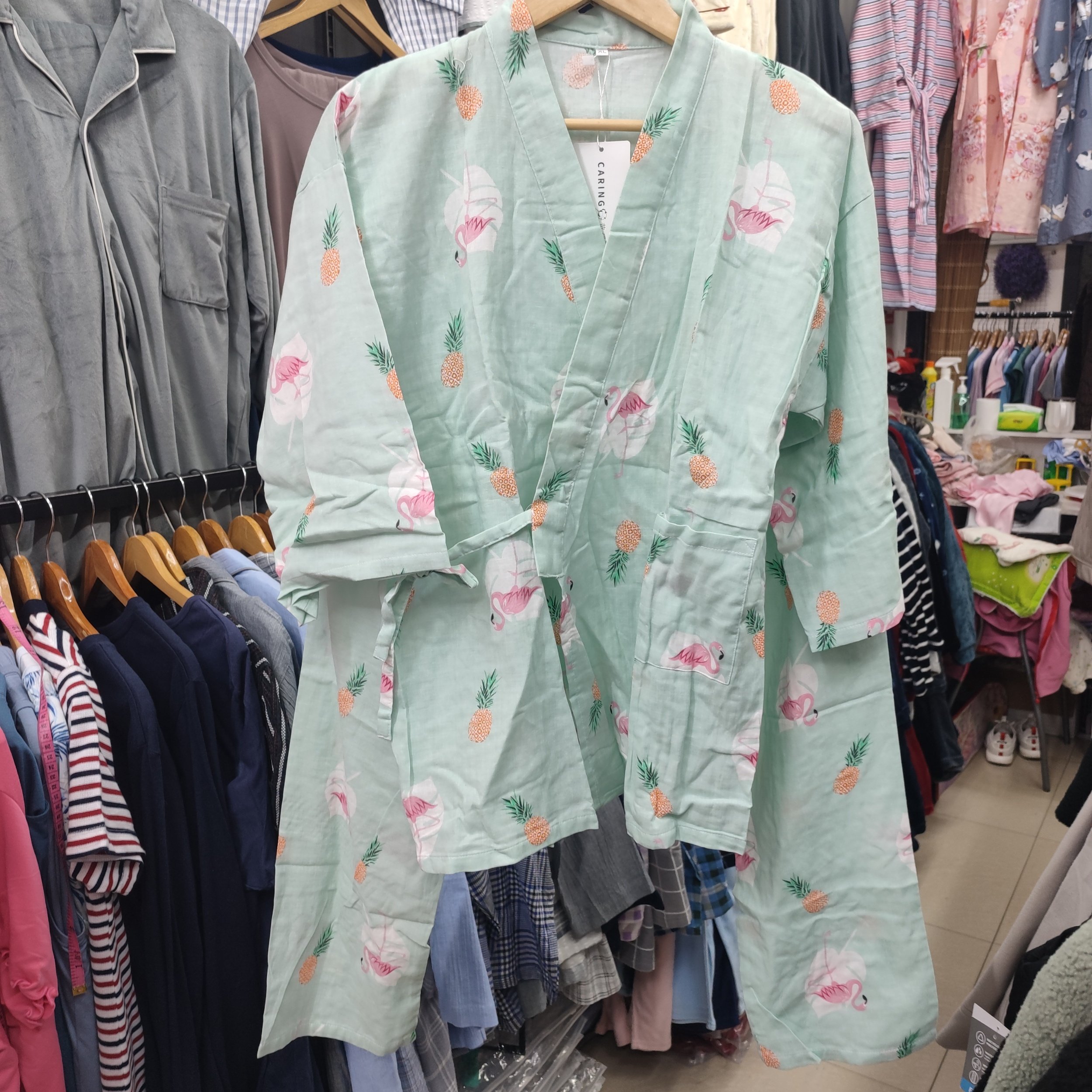 春秋夏全棉双层纱布系带火烈鸟女睡衣/家居服套装