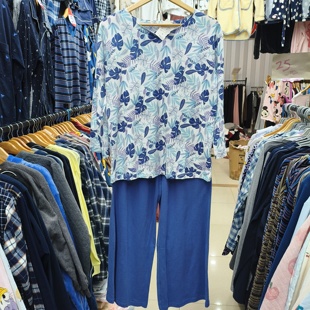 新品外贸日单春夏针织汗布全棉女九分袖阔腿裤套头睡衣家居服套装