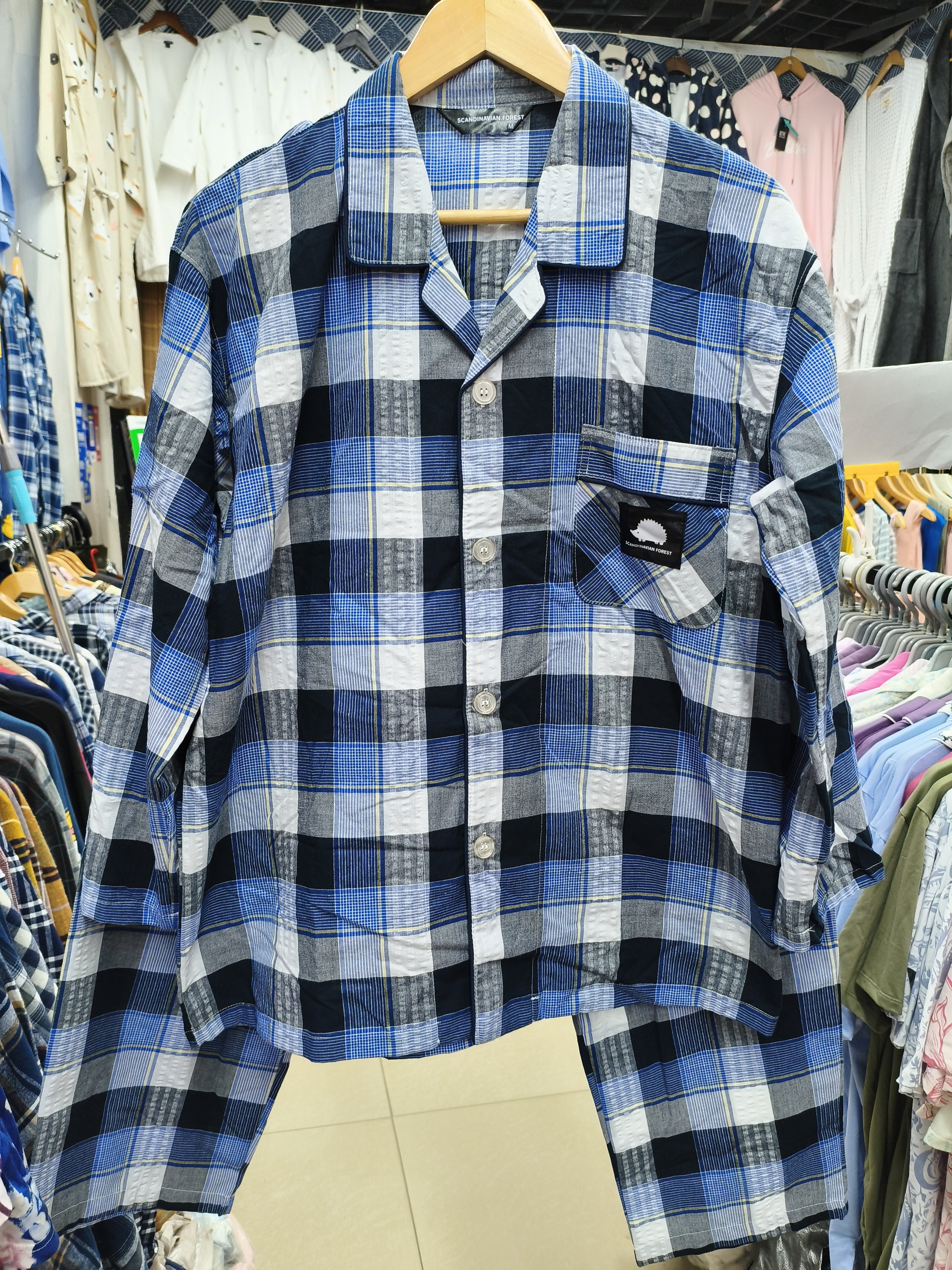 2色入新品日单外贸泡泡纱棉布绅士格春秋男士长袖长裤家居服套装