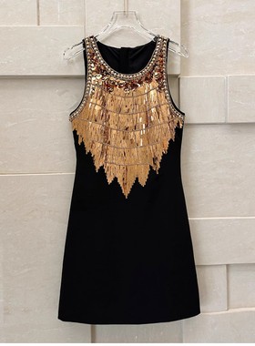 2025新款重工刺绣金属色亮片MIU风无袖连衣裙女名媛吊裙宴会礼服