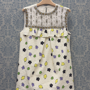 2026早春新款 连衣裙女白色花朵印花轻奢气质裙 MIU系重工水钻无袖