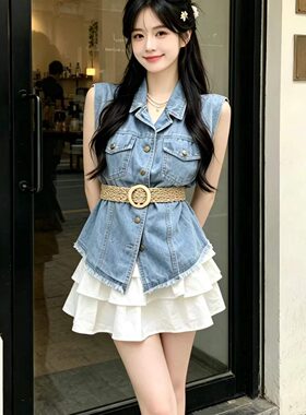 韩系甜辣风牛仔马甲套装女夏季新款小个子收腰显瘦蛋糕裙两件套