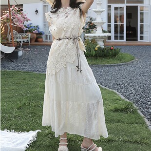 蕾丝网纱蛋糕半身裙女夏季 波西米亚度假风长裙高腰a字大摆裙套装