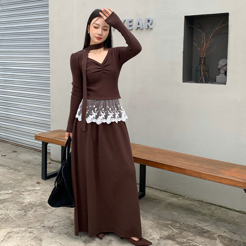 设计感甜辣妹蕾丝拼接V领长袖上衣高腰半身长裙针织套装