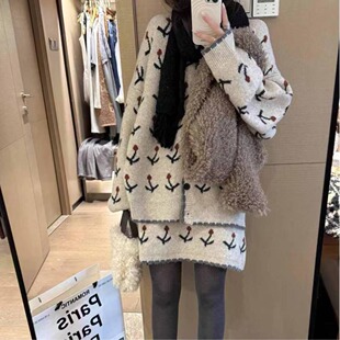 两件套装樱桃开衫中裙甜美复古提花松弛氛围感针织毛衣外套秋冬