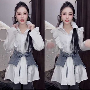 设计感泡泡袖衬衫牛仔腰封两件套女秋冬季新款修身百搭时尚套装潮