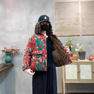 文艺范保暖女款印花棉袄民族风短款棉服冬季新款百搭宽松加棉外套