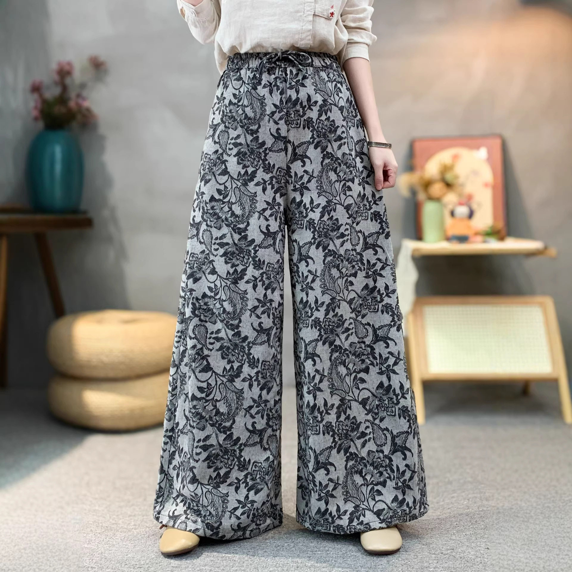 提花棉麻裤子女2026春季新款松紧腰大码显瘦直筒裤民族风阔腿裤女,女装/女士精品,大码裤装,淘宝优惠券,粉丝福利购,淘宝优惠卷