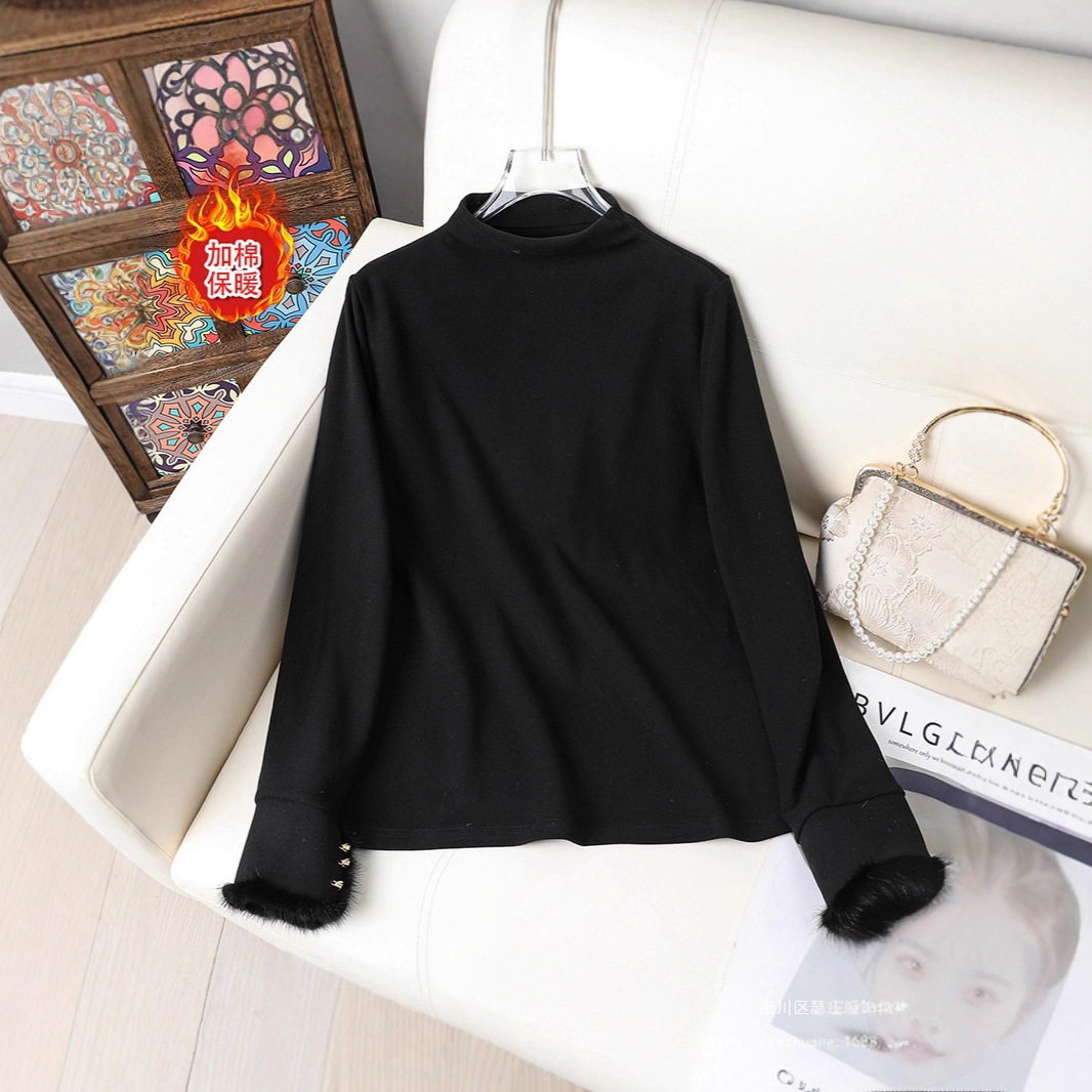 半高领德绒打底衫女新中式内搭上衣黑色保暖长袖小衫新款T恤冬季