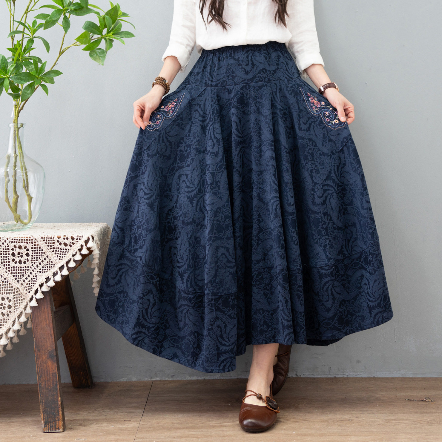 民族风大摆裙刺绣提花棉麻半身裙秋冬新款大码长裙遮肉显瘦A字裙,女装/女士精品,大码半身裙,淘宝优惠券,粉丝福利购,淘宝优惠卷