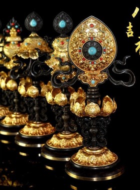 八吉祥摆件黄铜精美雕花檀木底座 家用慧宝藏式佛具八宝一套八个