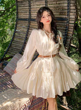 波西米亚风短裙春夏小个子气质宽松大裙摆连衣裙复古长袖裙子套装