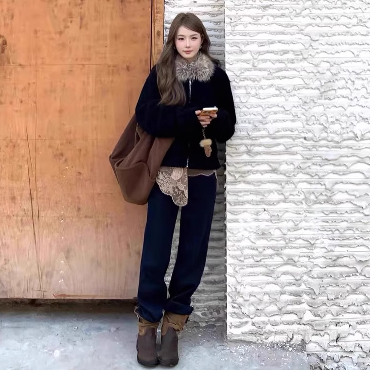 定染毛领小颗粒羊羔毛外套