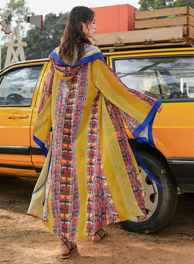 西藏云南度假旅拍民族风印花连帽防晒衣衫大袖外搭长款开衫薄斗篷