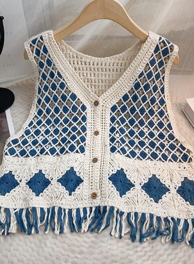 民族风复古格子流苏针织马甲背心女云南新疆海边度假镂空坎肩开衫