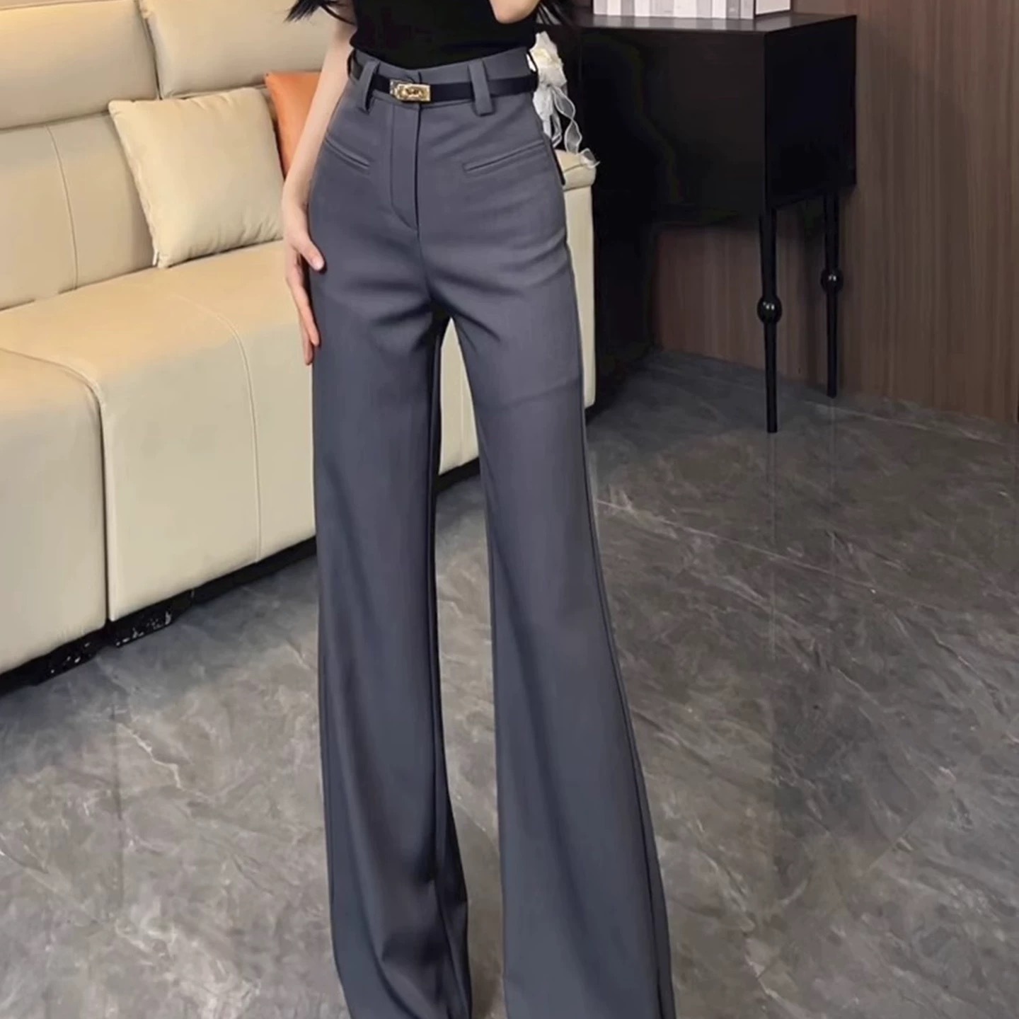 灰色高级感气质微喇西装裤