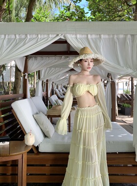 海岛风海边度假ootd穿搭多巴胺绝美套装拍照两件套沙滩长裙氛围感