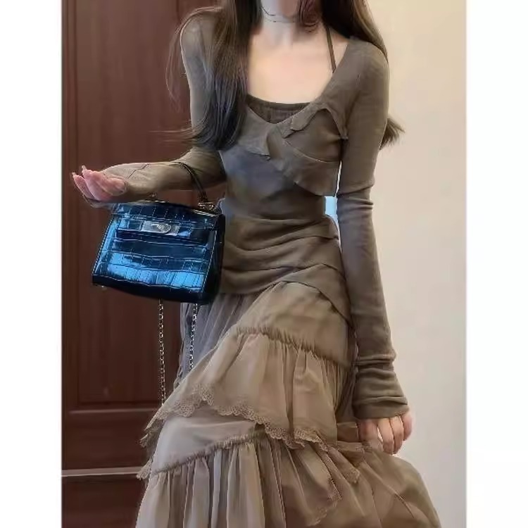 针织衫网纱裙法式温柔复古套装