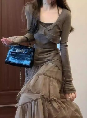 2025秋冬法式温柔复古套装荷叶边针织衫不规则大摆网纱裙两件套女