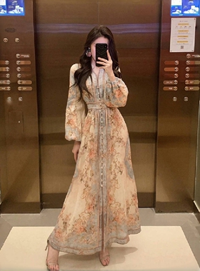 高端精致小香风泡泡袖碎花连衣裙2025春夏新款绝美海边度假沙滩裙