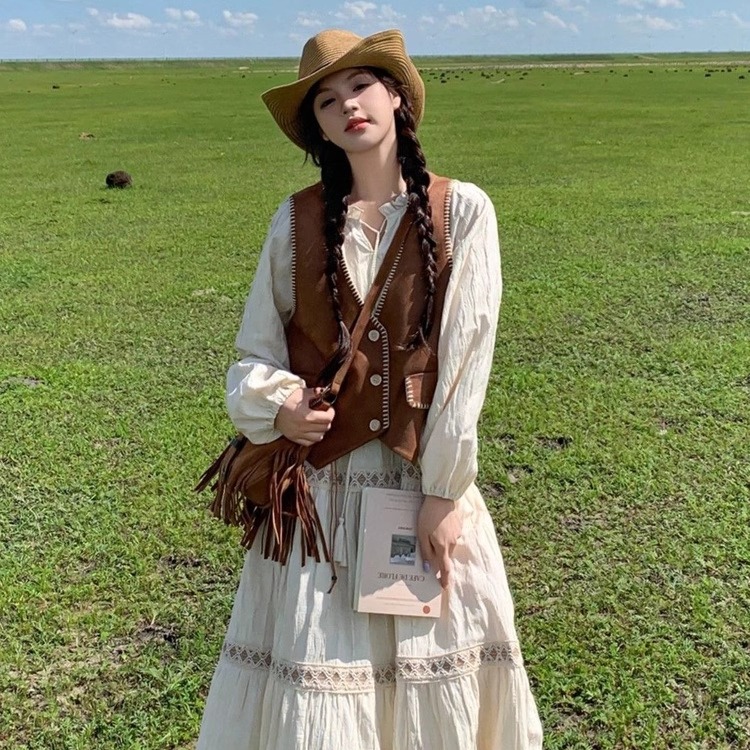 旅游拍照连衣裙复古马甲两件套