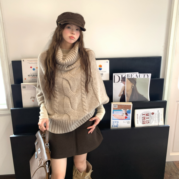 麻花针织套头斗篷羊毛毛衣女秋冬宽松高领打底针织衫女2025新款