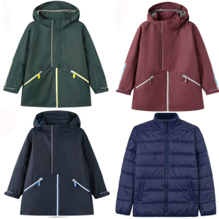 中小学生撞色织带帽子可脱连帽长款冲锋衣羽绒内胆上衣保暖外套