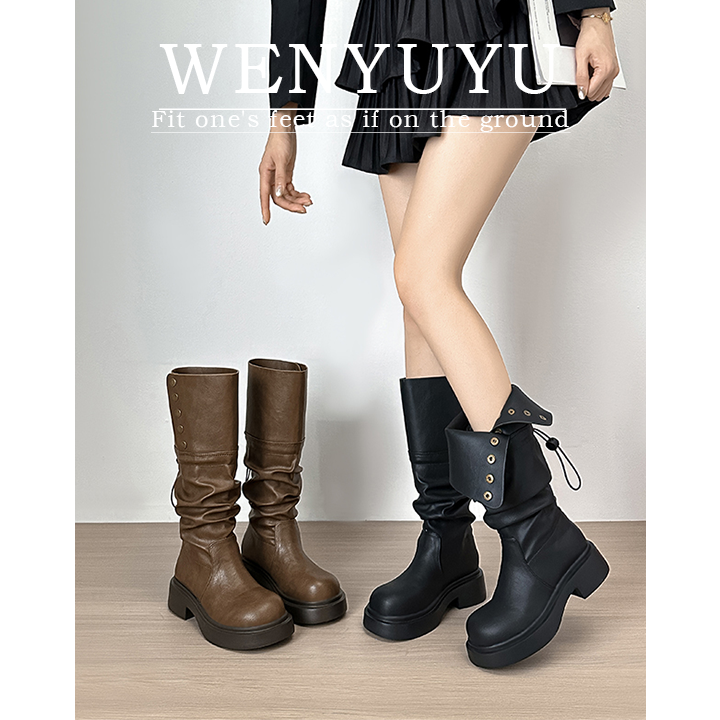 温与屿现货秒发厚底褶皱西部靴