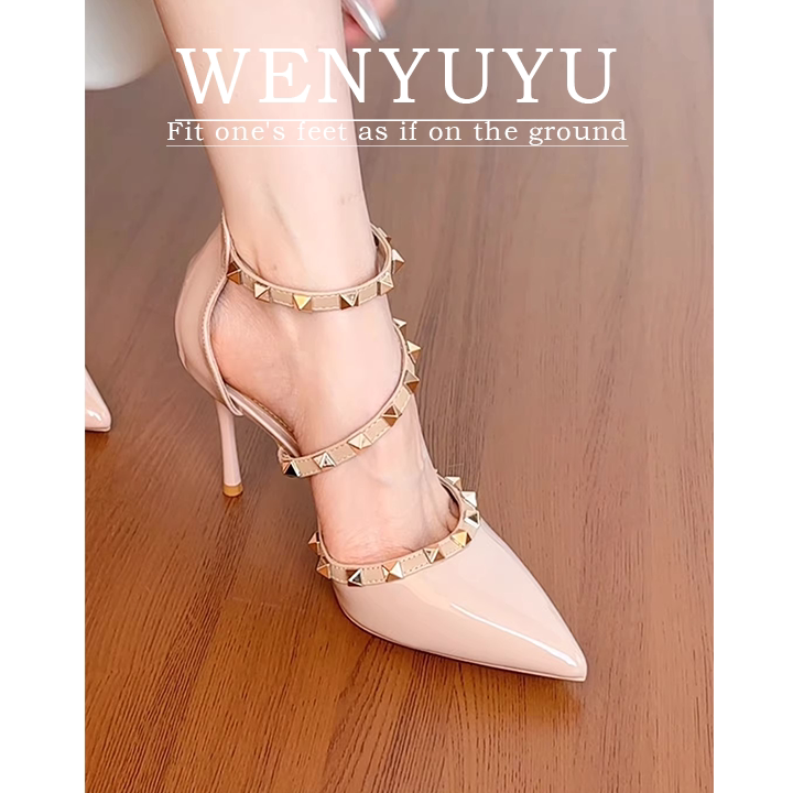 铆钉高跟鞋女2026春秋新款裸色细跟凉鞋夏性感御姐一字带尖头单鞋