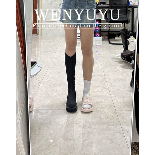 温与屿现货秒发胖mm粗跟长筒靴