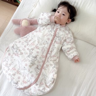 婴儿一体包脚睡袋纯棉秋冬加厚夹棉防踢被宝宝连体U型拆袖 睡袋
